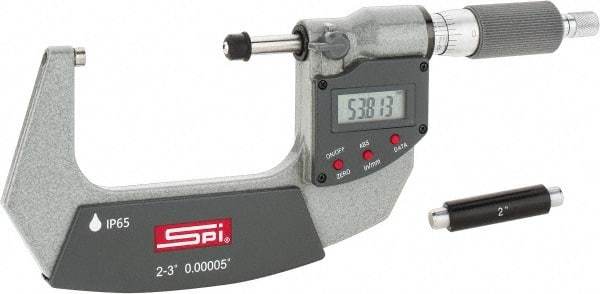 SPI - 2 to 3" Range, 0.00005" Resolution, Double Ratchet IP65 Electronic Outside Micrometer - 0.0002" Accuracy, Ratchet-Friction Thimble, Carbide Face, CR2032 Battery, Includes NIST Traceable Certification of Inspection - Benchmark Tooling