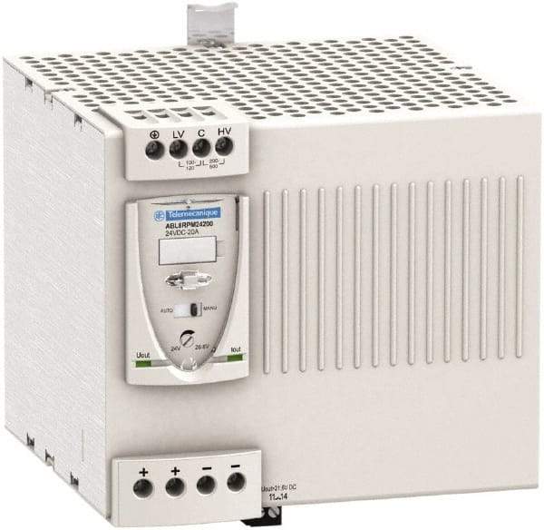 Schneider Electric - 480 Watt, 20 Amp, 100 to 120 VAC, 200 to 240 VAC Input, 24 VDC Output, DIN Rail Power Supply - Screw Connection, 165mm Wide x 155mm Deep x 143mm High, 88-100% Efficiency, Green LED Output, Red LED Output - Benchmark Tooling