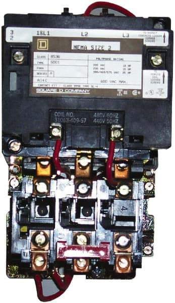 Square D - 208 Coil VAC at 60 Hz, 45 Amp, NEMA Size 2, Nonreversible Open Enclosure NEMA Motor Starter - 3 Phase hp: 10 at 200 VAC, 15 at 230 VAC, 25 at 460 VAC, 25 at 575 VAC - Benchmark Tooling