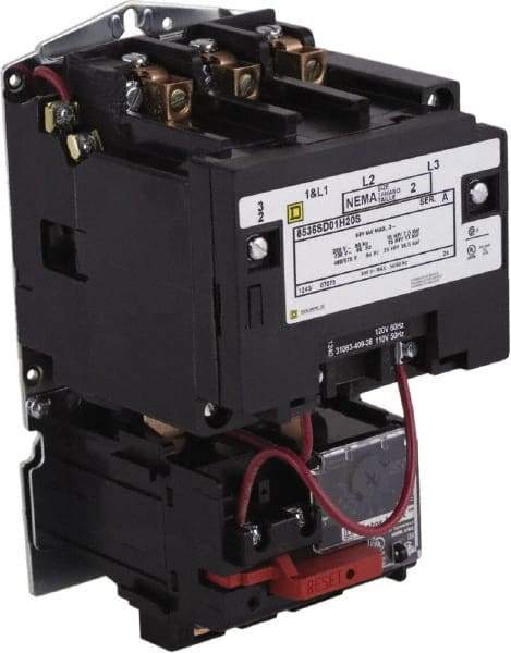 Square D - 110 Coil VAC at 50 Hz, 120 Coil VAC at 60 Hz, 45 Amp, NEMA Size 2, Nonreversible Open Enclosure NEMA Motor Starter - 3 Phase hp: 10 at 200 VAC, 15 at 230 VAC, 25 at 460 VAC, 25 at 575 VAC - Benchmark Tooling