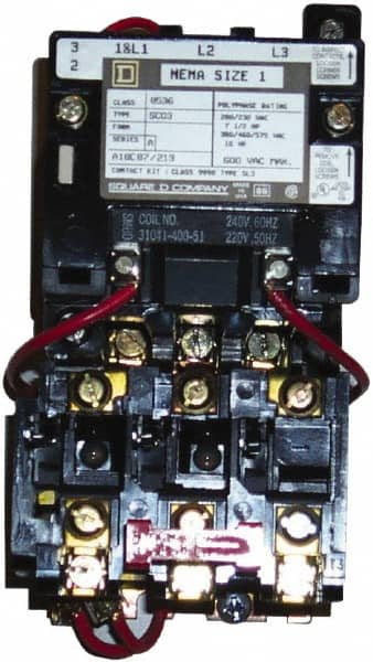 Square D - 110 Coil VAC at 50 Hz, 120 Coil VAC at 60 Hz, 27 Amp, NEMA Size 1, Nonreversible Open Enclosure NEMA Motor Starter - 3 Phase hp: 10 at 460 VAC, 10 at 575 VAC, 7-1/2 at 200 VAC, 7-1/2 at 230 VAC - Benchmark Tooling