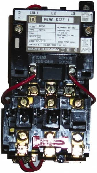 Square D - 220 Coil VAC at 50 Hz, 240 Coil VAC at 60 Hz, 27 Amp, NEMA Size 1P, Nonreversible Open Enclosure NEMA Motor Starter - 1 Phase hp: 3 at 115 VAC, 5 at 230 VAC - Benchmark Tooling