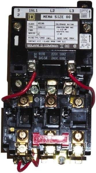 Square D - 220 Coil VAC at 50 Hz, 240 Coil VAC at 60 Hz, 9 Amp, Nonreversible Open Enclosure NEMA Motor Starter - 3 Phase hp: 1-1/2 at 200 VAC, 1-1/2 at 230 VAC, 2 at 460 VAC, 2 at 575 VAC - Benchmark Tooling