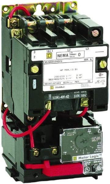 Square D - 110 Coil VAC at 50 Hz, 120 Coil VAC at 60 Hz, 9 Amp, Nonreversible Open Enclosure NEMA Motor Starter - 3 Phase hp: 1-1/2 at 200 VAC, 1-1/2 at 230 VAC, 2 at 460 VAC, 2 at 575 VAC - Benchmark Tooling