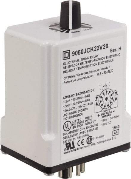 Square D - DPDT Time Delay Relay - 10 Contact Amp, 110 VDC & 120 VAC - Benchmark Tooling