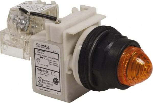 Schneider Electric - 120 V Amber Lens LED Pilot Light - Round Lens, Screw Clamp Connector, 54mm OAL x 42mm Wide, Vibration Resistant - Benchmark Tooling