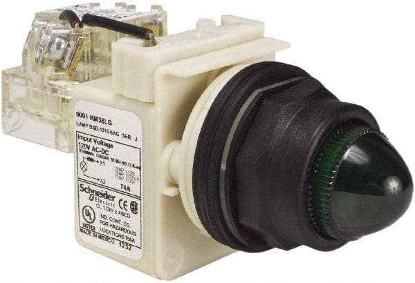 Schneider Electric - 120 V Green Lens LED Press-to-Test Indicating Light - Round Lens, Screw Clamp Connector, Corrosion Resistant, Dust Resistant, Oil Resistant - Benchmark Tooling