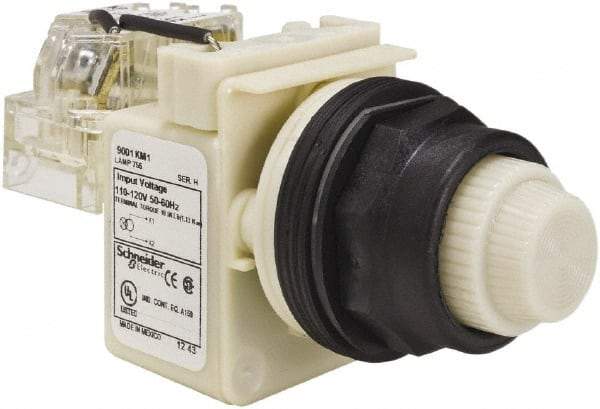 Schneider Electric - 110 VAC at 50/60 Hz via Transformer, 120 VAC at 50/60 Hz via Transformer White Lens Press-to-Test Indicating Light - Round Lens, Screw Clamp Connector, Corrosion Resistant, Dust Resistant, Oil Resistant - Benchmark Tooling