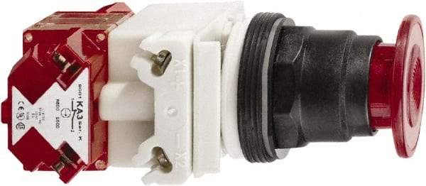 Schneider Electric - 30mm Mount Hole, Extended Straight, Pushbutton Switch with Contact Block - Red Pushbutton, Maintained (MA), Momentary (MO) - Benchmark Tooling