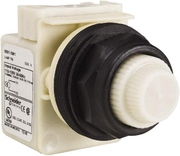 Schneider Electric - 110 VAC at 50/60 Hz via Transformer, 120 VAC at 50/60 Hz via Transformer White Lens Indicating Light - Round Lens, Screw Clamp Connector, Corrosion Resistant, Dust Resistant, Oil Resistant - Benchmark Tooling