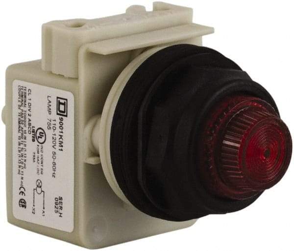 Schneider Electric - 110 VAC at 50/60 Hz via Transformer, 120 VAC at 50/60 Hz via Transformer Red Lens Indicating Light - Round Lens, Screw Clamp Connector, Corrosion Resistant, Dust Resistant, Oil Resistant - Benchmark Tooling