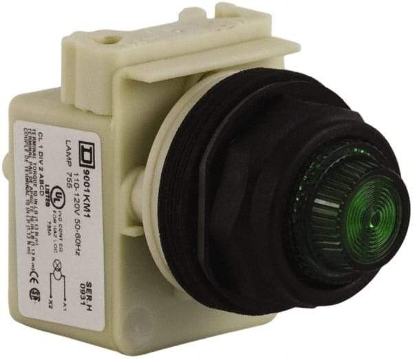 Schneider Electric - 110 VAC at 50/60 Hz via Transformer, 120 VAC at 50/60 Hz via Transformer Green Lens Indicating Light - Round Lens, Screw Clamp Connector, Corrosion Resistant, Dust Resistant, Oil Resistant - Benchmark Tooling