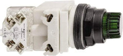 Schneider Electric - 30mm Mount Hole, Extended Straight, Pushbutton Switch with Contact Block - Green Pushbutton, Momentary (MO) - Benchmark Tooling