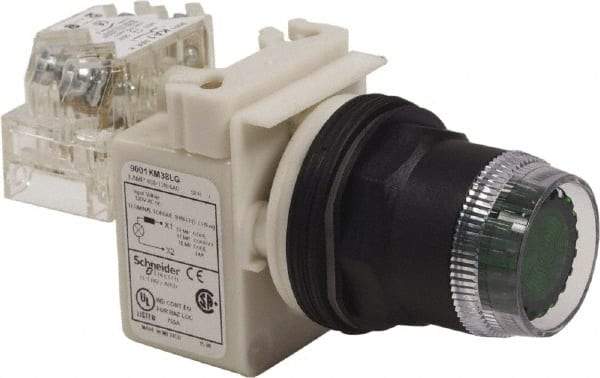 Schneider Electric - 30mm Mount Hole, Extended Straight, Pushbutton Switch with Contact Block - Green Pushbutton, Momentary (MO) - Benchmark Tooling