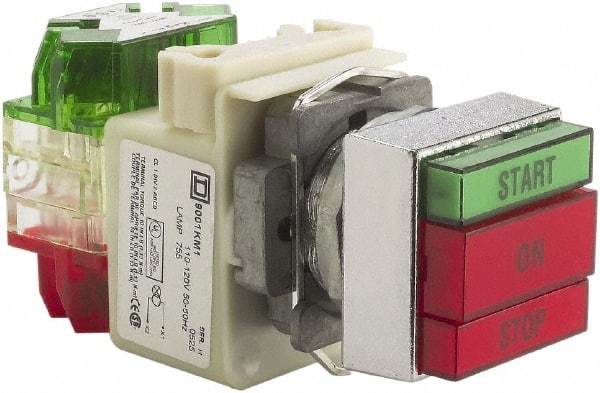 Schneider Electric - 30mm Mount Hole, Pushbutton Switch with Pilot Light - Rectangle, Green and Red Pushbutton, Illuminated, Momentary (MO), Start-On-Stop - Benchmark Tooling