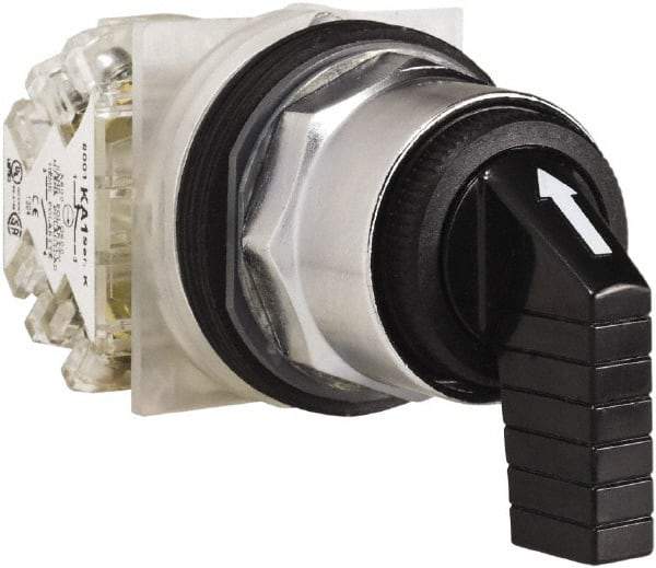 Schneider Electric - 30mm Mount Hole, 3 Position, Knob and Pushbutton Operated, Selector Switch - Black, Momentary (MO), NO/NC, Weatherproof and Dust and Oil Resistant - Benchmark Tooling