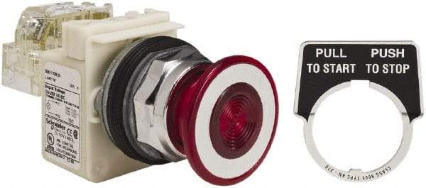 Schneider Electric - 30mm Mount Hole, Extended Straight, Pushbutton Switch with Contact Block - Red Pushbutton, Maintained (MA) - Benchmark Tooling