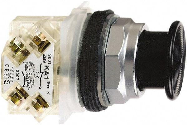 Schneider Electric - 30mm Mount Hole, Extended Mushroom Head, Pushbutton Switch with Contact Block - Round, Black Pushbutton, Momentary (MO) - Benchmark Tooling