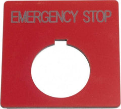 Schneider Electric - Square, Plastic Legend Plate - Emergency Stop - Red Background, Black Letters, 1.2 Inch Hole Diameter, 2-1/2 Inch Square - Benchmark Tooling