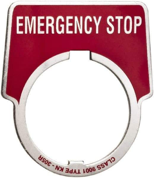 Schneider Electric - Aluminum Legend Plate - Emergency Stop - Black Background, 30mm Hole Diameter, 1-3/4 Inch Wide - Benchmark Tooling