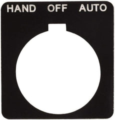 Schneider Electric - Square, Plastic Legend Plate - Hand-Off-Auto - Black Background, White Letters, 1.2 Inch Hole Diameter, 1-3/4 Inch Square - Benchmark Tooling