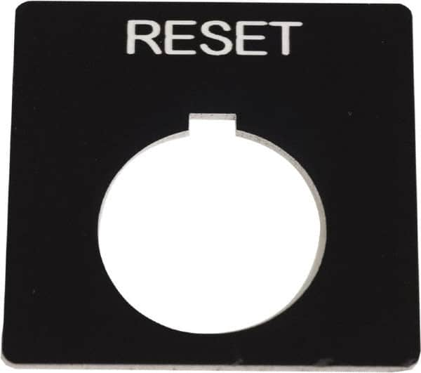 Schneider Electric - Square, Plastic Legend Plate - Reset - Black Background, White Letters, 1.2 Inch Hole Diameter, 2-1/4 Inch Square - Benchmark Tooling