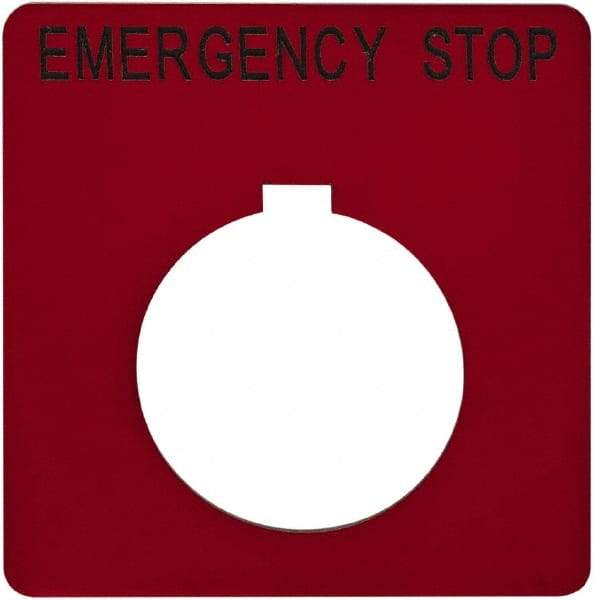 Schneider Electric - Square, Plastic Legend Plate - Emergency Stop - Red Background, Black Letters, 1.2 Inch Hole Diameter, 2-1/4 Inch Square - Benchmark Tooling