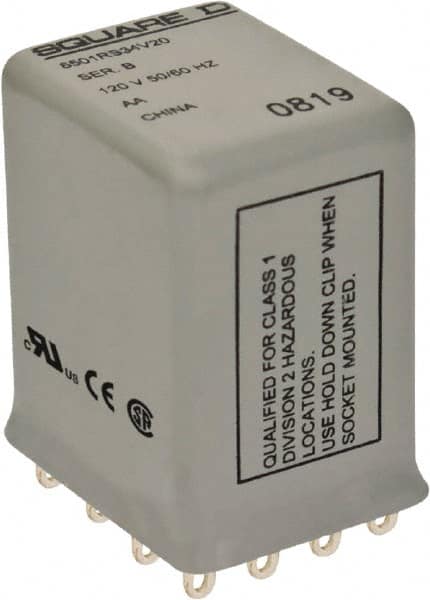 Square D - 1/6 hp at 120/240 Volt, Electromechanical Plug-in General Purpose Relay - 1 Amp at 240 VAC, 4PDT, 120 VAC at 50/60 Hz - Benchmark Tooling