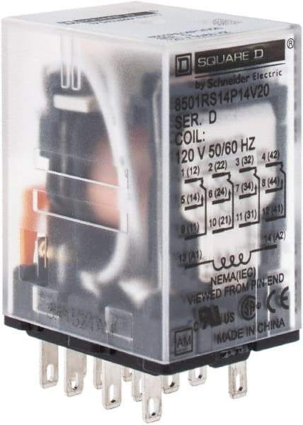 Square D - 1/6 hp at 120/240 Volt, Electromechanical Plug-in General Purpose Relay - 5 Amp at 240 VAC, 4PDT, 120 VAC at 50/60 Hz - Benchmark Tooling