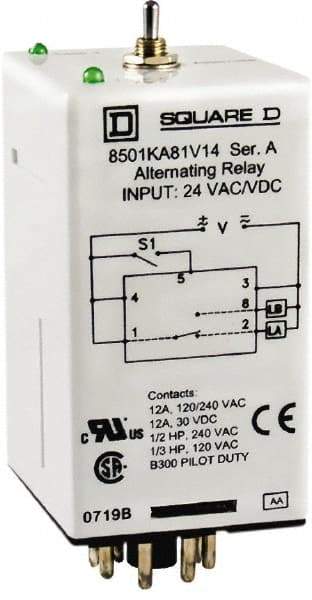 Square D - 11 Pins, 1/2 hp at 240 Volt & 1/3 hp at 120 Volt, Electromechanical Plug-in General Purpose Relay - 12 Amp at 240 VAC, DPDT, 240 VAC, 36mm Wide x 65mm High x 44mm Deep - Benchmark Tooling