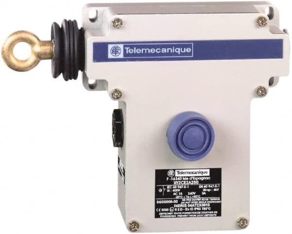 Telemecanique Sensors - 10 Amp, 2NO/2NC Configuration, Left Hand Operation, Rope Operated Limit Switch - Pushbutton Reset, Rope Pull, Pilot Light Indicator, 300 VAC - Benchmark Tooling