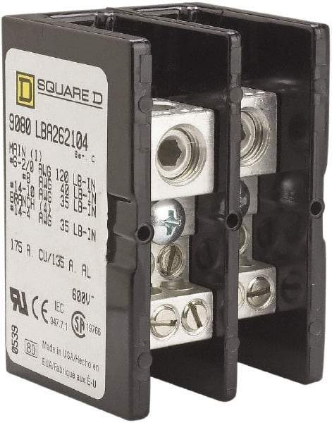 Square D - 2 Poles, 135 (Aluminium), 175 (Copper) Amp, Phenolic Power Distribution Block - 600 VAC, 1 Primary Connection - Benchmark Tooling