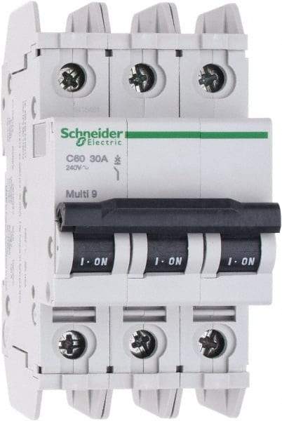 Schneider Electric - 30 Amp, 125 VDC, 240 VAC, 60 VDC, 3 Pole, DIN Rail Mount, Fixed Mount Miniature Circuit Breaker - Thermal Magnetic Trip, Multiple Breaking Capacity Ratings, 73mm Deep x 107mm High x 54mm Wide - Benchmark Tooling