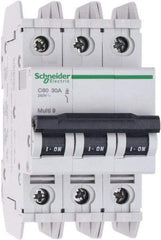 Schneider Electric - 30 Amp, 125 VDC, 240 VAC, 60 VDC, 3 Pole, DIN Rail Mount, Fixed Mount Miniature Circuit Breaker - Thermal Magnetic Trip, Multiple Breaking Capacity Ratings, 73mm Deep x 107mm High x 54mm Wide - Benchmark Tooling