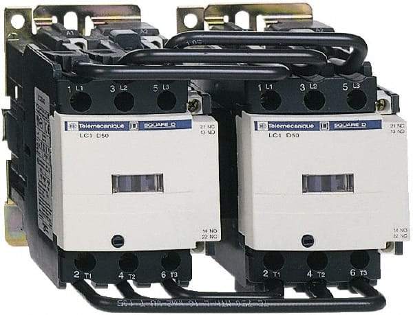 Schneider Electric - 3 Pole, 120 Coil VAC at 50/60 Hz, 50 Amp, Reversible IEC Contactor - Bureau Veritas, CCC, CSA, CSA C22.2 No. 14, DNV, EN/IEC 60947-4-1, EN/IEC 60947-5-1, GL, GOST, LROS, RINA, UL 508, UL Listed - Benchmark Tooling