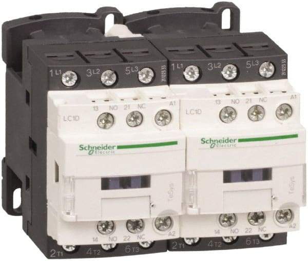 Schneider Electric - 3 Pole, 220 Coil VAC at 50/60 Hz, 18 Amp at 440 VAC, Reversible IEC Contactor - 1 Phase hp: 1 at 115 VAC, 3 at 230/240 VAC, 3 Phase hp: 10 at 460/480 VAC, 15 at 575/600 VAC, 5 at 200/208 VAC, 5 at 230/240 VAC - Benchmark Tooling