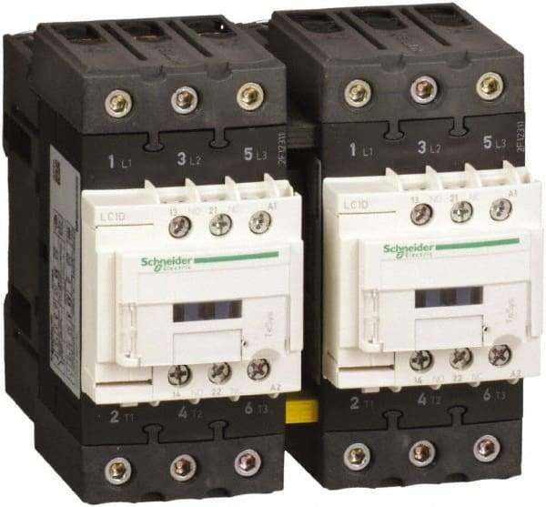 Schneider Electric - 3 Pole, 120 Coil VAC at 50/60 Hz, 65 Amp at 440 VAC, Reversible IEC Contactor - 1 Phase hp: 10 at 230/240 VAC, 5 at 115 VAC, 3 Phase hp: 20 at 200/208 VAC, 20 at 230/240 VAC, 40 at 460/480 VAC, 50 at 575/600 VAC - Benchmark Tooling