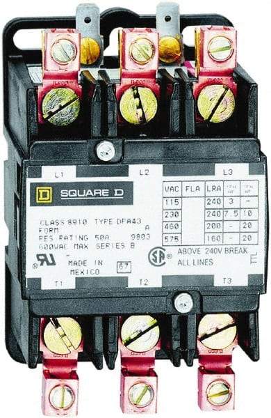 Square D - 3 Pole, 40 Amp Inductive Load, 24 Coil VAC at 50/60 Hz, Definite Purpose Contactor - Phase 1 and Phase 3 Hp:  10 at 230 VAC, 20 at 460 VAC, 25 at 575 VAC, 3 at 115 VAC, 7.5 at 230 VAC, 50 Amp Resistive Rating, CE, CSA, UL Listed - Benchmark Tooling