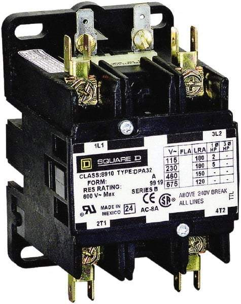 Square D - 2 Pole, 30 Amp Inductive Load, 208 to 240 Coil VAC at 60 Hz and 220 Coil VAC at 50 Hz, Definite Purpose Contactor - Phase 1 Hp:  2 at 115 VAC, 5 at 230 VAC, 40 Amp Resistive Rating, CE, CSA, UL Listed - Benchmark Tooling