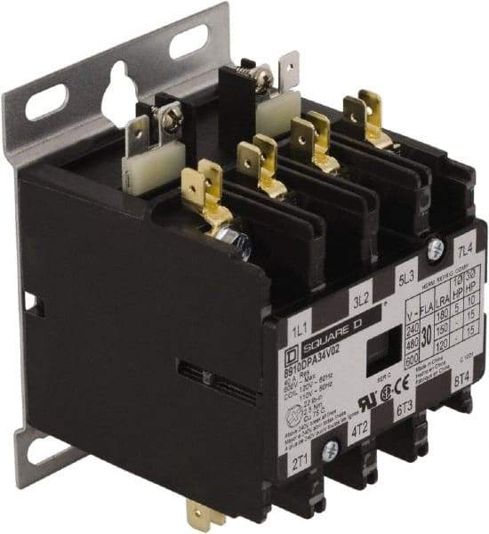 Square D - 4 Pole, 20 Amp Inductive Load, 24 Coil VAC at 50/60 Hz, Definite Purpose Contactor - Phase 1 and Phase 3 Hp:  1.5 at 115 VAC, 3 at 230 VAC, 7.5 at 230 VAC, 7.5 at 460 VAC, 7.5 at 575 VAC, 30 Amp Resistive Rating, CE, CSA, UL Listed - Benchmark Tooling