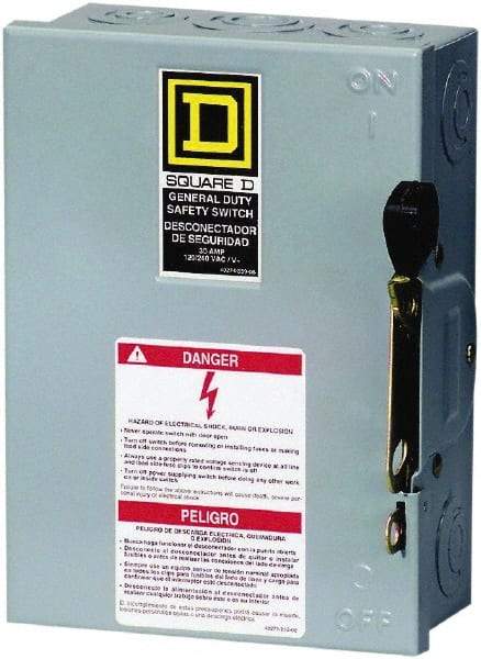 Square D - 30 Amp, 120/240 V, 2 Pole Fused Safety Switch - NEMA 1, 2 hp at 120 VAC, 3 hp at 240 VAC (Single Phase), DPST Contact Form - Benchmark Tooling