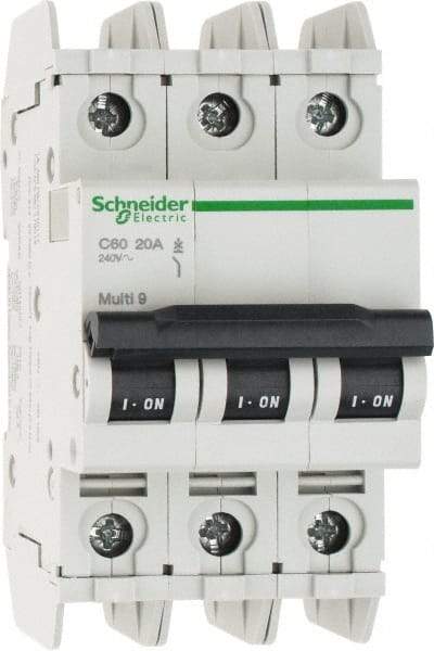 Schneider Electric - 20 Amp, 125 VDC, 240 VAC, 60 VDC, 3 Pole, DIN Rail Mount, Fixed Mount Miniature Circuit Breaker - Thermal Magnetic Trip, Multiple Breaking Capacity Ratings, 73mm Deep x 107mm High x 54mm Wide - Benchmark Tooling