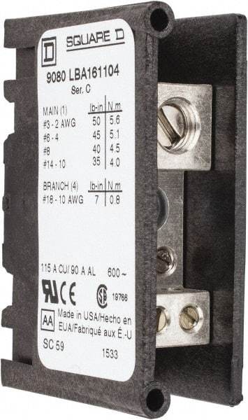 Square D - 1 Pole, 115 (Copper), 90 (Aluminium) Amp, Thermoplastic Power Distribution Block - 600 VAC, 1 Primary Connection - Benchmark Tooling