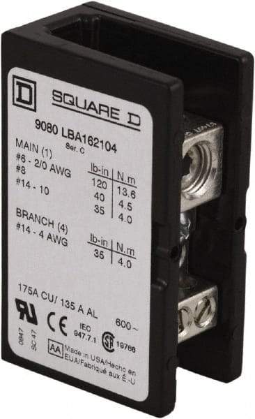 Square D - 1 Pole, 135 (Aluminium), 175 (Copper) Amp, Phenolic Power Distribution Block - 600 VAC, 1 Primary Connection - Benchmark Tooling