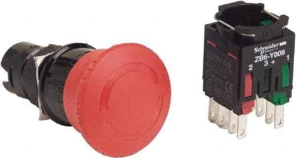 Schneider Electric - 16mm Mount Hole, Extended Mushroom Head, Pushbutton Switch with Contact Block - Round, Red Pushbutton, Maintained (MA), Momentary (MO) - Benchmark Tooling