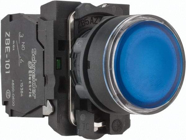 Schneider Electric - 22mm Mount Hole, Flush, Pushbutton Switch with Contact Block - Round, Blue Pushbutton, Illuminated, Momentary (MO) - Benchmark Tooling