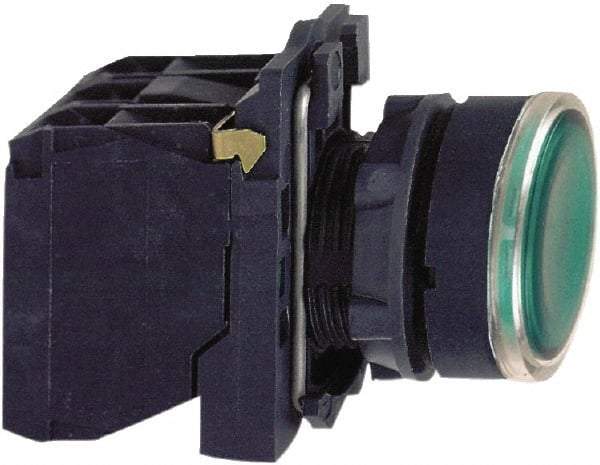 Schneider Electric - 22mm Mount Hole, Flush, Pushbutton Switch with Contact Block - Round, Green Pushbutton, Illuminated, Momentary (MO) - Benchmark Tooling