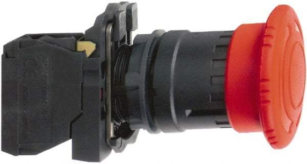 Schneider Electric - 22mm Mount Hole, Extended Mushroom Head, Pushbutton Switch with Contact Block - Round, Red Pushbutton, Maintained (MA), Momentary (MO) - Benchmark Tooling