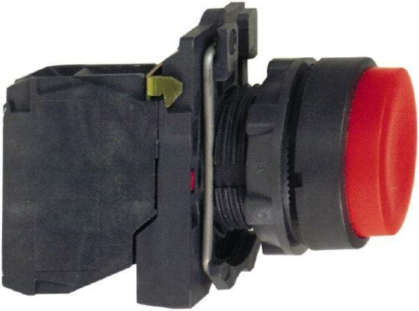 Schneider Electric - 22mm Mount Hole, Extended Straight, Pushbutton Switch with Contact Block - Round, Red Pushbutton, Momentary (MO) - Benchmark Tooling