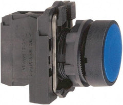 Schneider Electric - 22mm Mount Hole, Flush, Pushbutton Switch with Contact Block - Round, Blue Pushbutton, Momentary (MO) - Benchmark Tooling